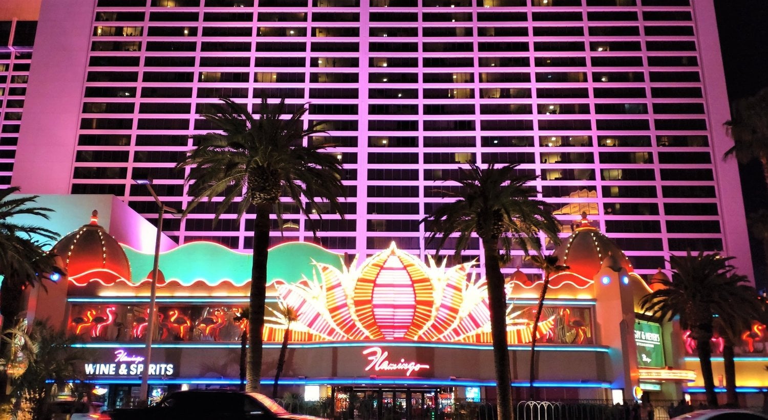 front entrance of the flamingo hotel along the las vegas strip