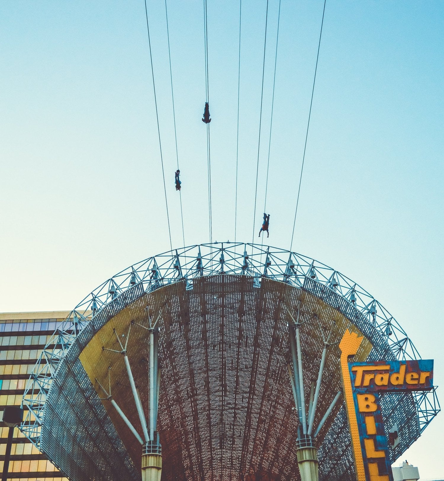 fremont street zip-liners passing overhead