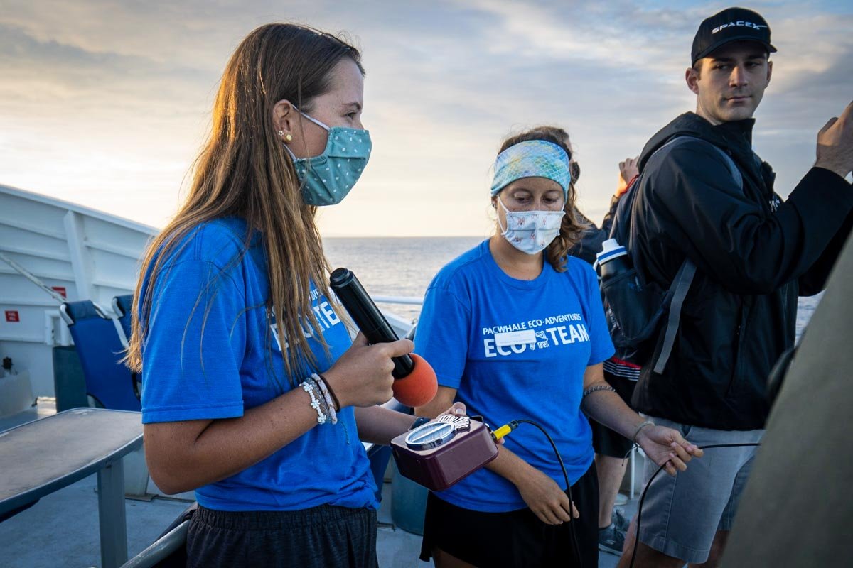 Naturalist playing a hydrophone on a Maui whale watching tou
